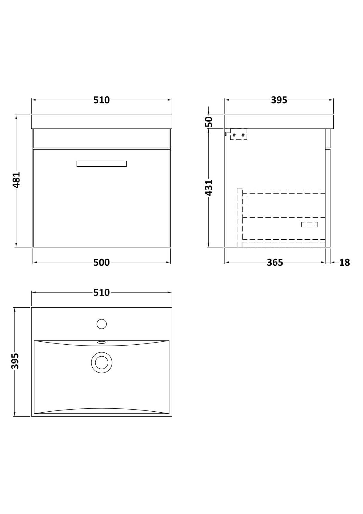[BFRI011D] Millwich Contemporary 1 Drawer Wall Hung Vanity Unit with Thin Edge Basin - Choice of Size and Colour - Technical Drawing