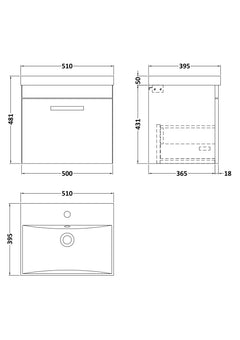 [BFRI011D] Millwich Contemporary 1 Drawer Wall Hung Vanity Unit with Thin Edge Basin - Choice of Size and Colour - Technical Drawing