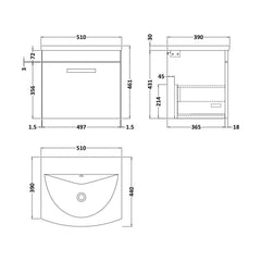 [BFRI011G] Millwich Contemporary 1 Drawer Wall Hung Vanity Unit with Curved Basin, Anthracite Woodgrain, 500mm - Technical Drawing
