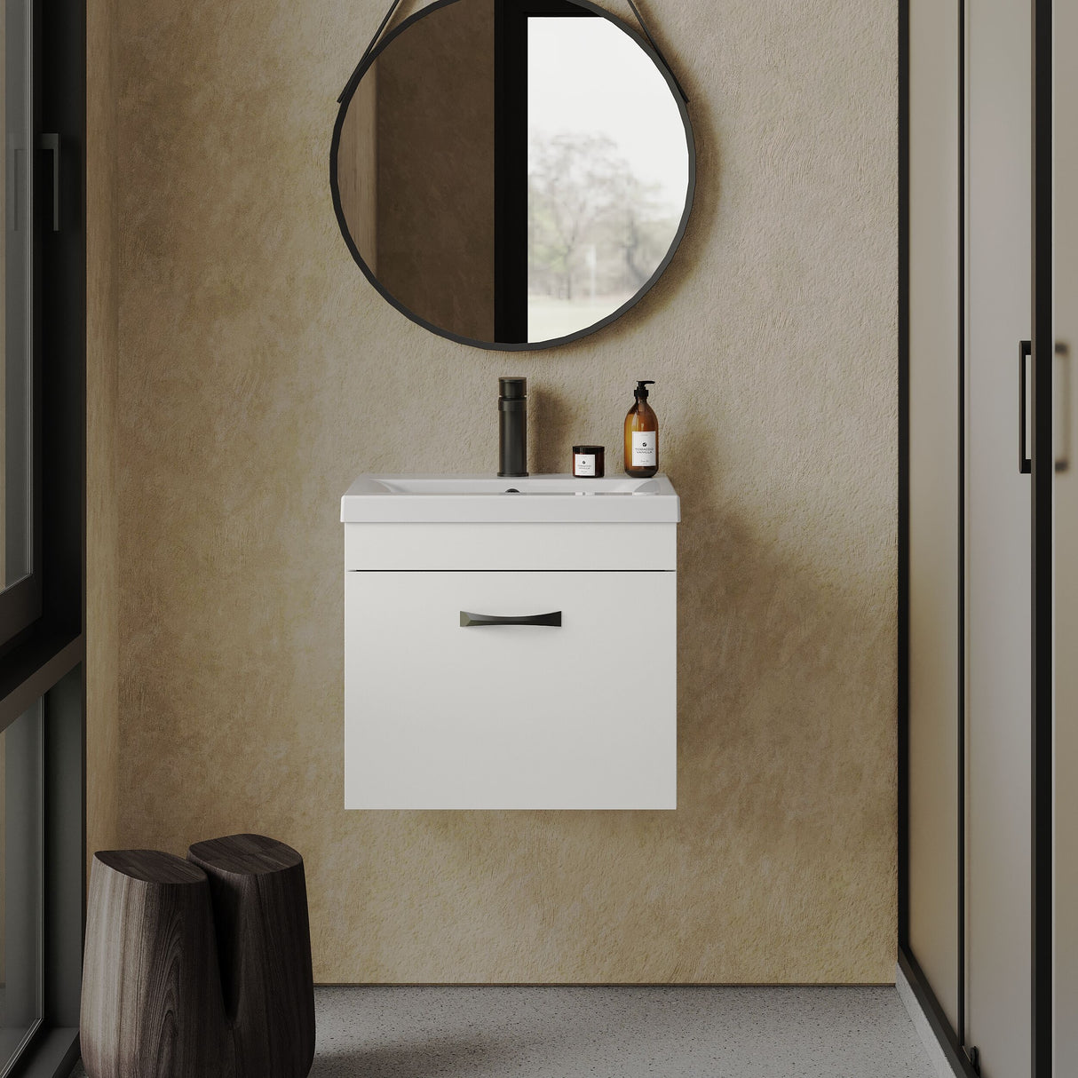 [BFRI013A17] Rio 1 Drawer Wall Hung Vanity Basin Unit - 500mm - Gloss White with Black D-shaped handle (Tap Not Included) - Balterley - Lifestyle 1