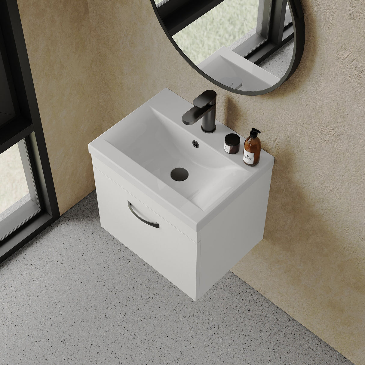 [BFRI013A17] Rio 1 Drawer Wall Hung Vanity Basin Unit - 500mm - Gloss White with Black D-shaped handle (Tap Not Included) - Balterley - Lifestyle 2