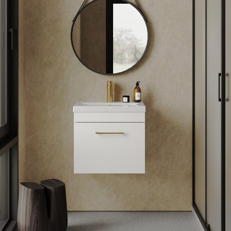[BFRI013A68] Rio 1 Drawer Wall Hung Vanity Basin Unit - 500mm - Gloss White with Brushed Brass D-shaped handle (Tap Not Included) - Lifestyle 1