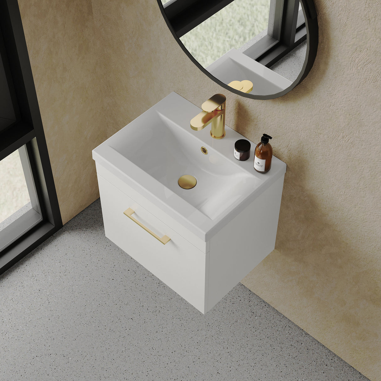 [BFRI013A68] Rio 1 Drawer Wall Hung Vanity Basin Unit - 500mm - Gloss White with Brushed Brass D-shaped handle (Tap Not Included) - Lifestyle 2
