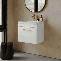 [BFRI013A68] Rio 1 Drawer Wall Hung Vanity Basin Unit - 500mm - Gloss White with Brushed Brass D-shaped handle (Tap Not Included) - Lifestyle 3