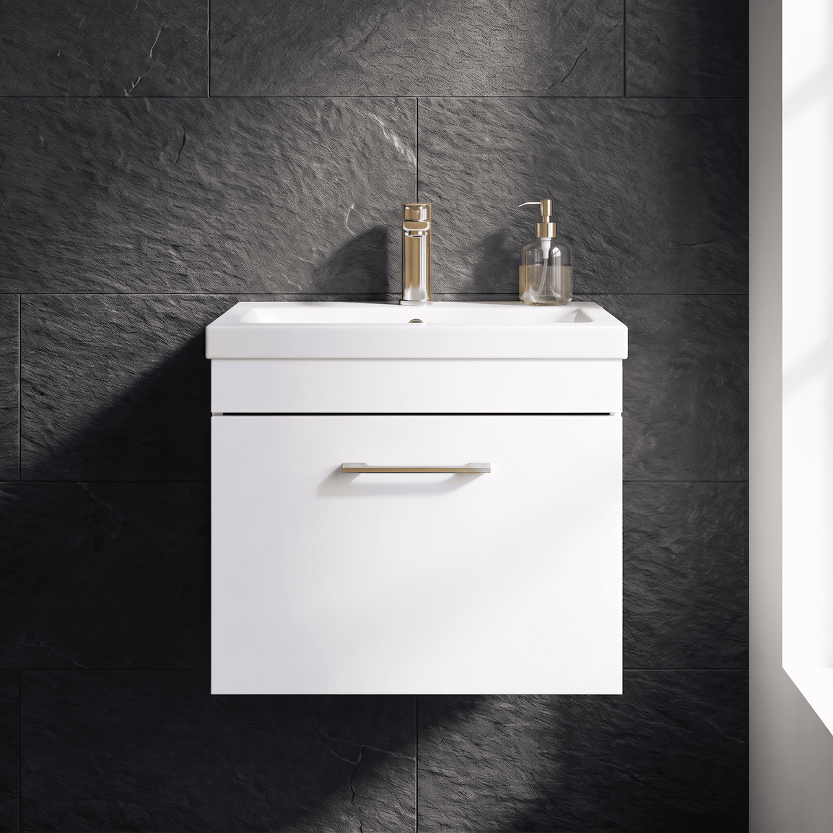[BFRI013A68] Millwich 1 Drawer Wall Hung Vanity Basin Unit with Brushed Brass Handle, Choice of Size and Colour - Silo