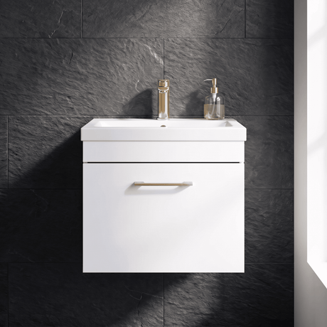 [BFRI013A68] Millwich 1 Drawer Wall Hung Vanity Basin Unit with Brushed Brass Handle, Choice of Size and Colour - Silo