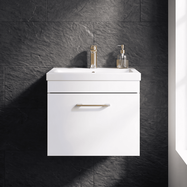 [BFRI013A68] Millwich 1 Drawer Wall Hung Vanity Basin Unit with Brushed Brass Handle, Choice of Size and Colour - Silo