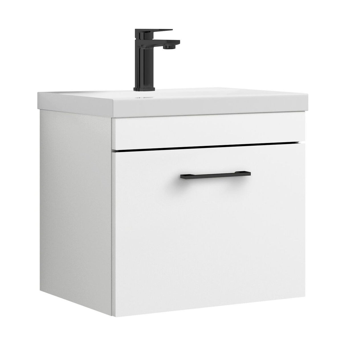 [BFRI013A69] Rio 1 Drawer Wall Hung Vanity Basin Unit - 500mm - Gloss White with Square Black D-shaped handle (Tap Not Included) - Balterley - Cutout