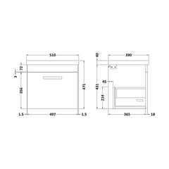 [BFRI013A69] Rio 1 Drawer Wall Hung Vanity Basin Unit - 500mm - Gloss White with Square Black D-shaped handle (Tap Not Included) - Balterley - Technical Drawing