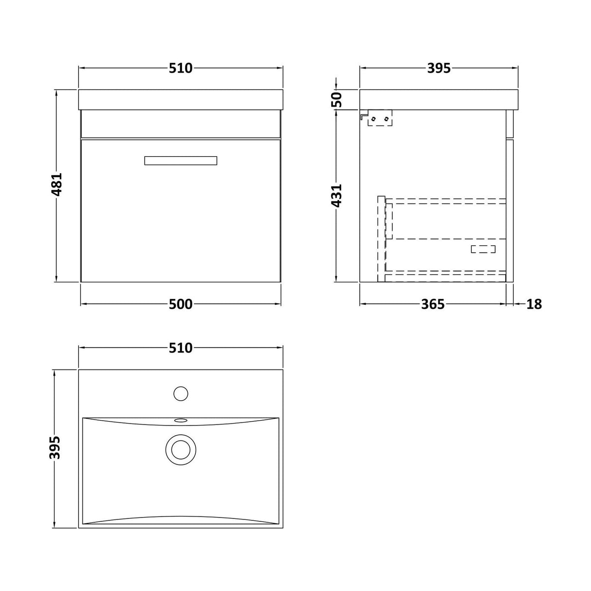 [BFRI013D] Millwich Contemporary 1 Drawer Wall Hung Vanity Unit with Thin Edge Basin, Gloss White, 500mm - Technical Drawing