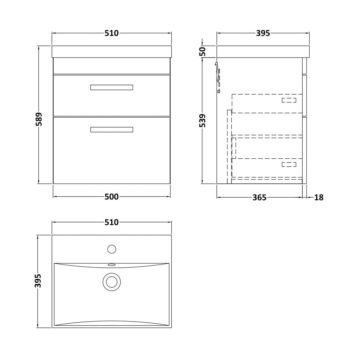 [BFRI018D] Millwich Contemporary 2 Drawer Wall Hung Vanity Unit with Thin Edge Basin, Anthracite Woodgrain, 500mm - Technical Drawing