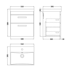 [BFRI018D] Millwich Contemporary 2 Drawer Wall Hung Vanity Unit with Thin Edge Basin, Anthracite Woodgrain, 500mm - Technical Drawing