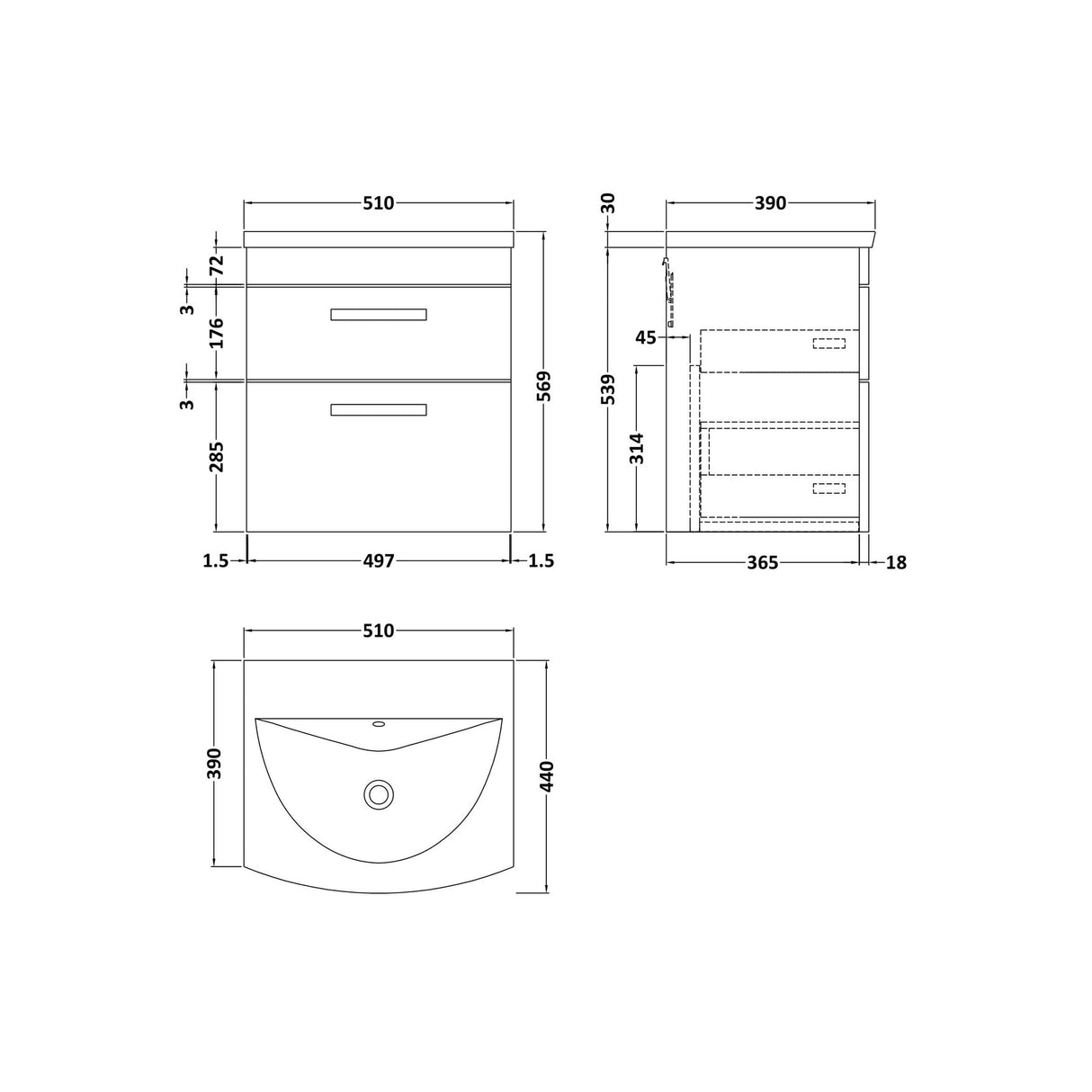 [BFRI019G] Millwich Contemporary 2 Drawer Wall Hung Vanity Unit with Curved Basin - Choice of Size and Colour - Technical Drawing