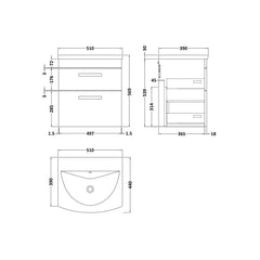 [BFRI019G] Millwich Contemporary 2 Drawer Wall Hung Vanity Unit with Curved Basin - Choice of Size and Colour - Technical Drawing