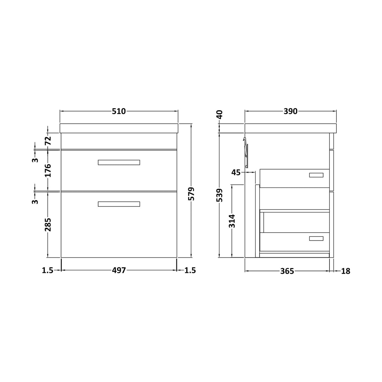 [BFRI020A17] Rio 2 Drawer Wall Hung Vanity Basin Unit - 500mm - Gloss White with Black D-shaped handles (Tap Not Included) - Balterley - Technical Drawing