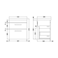[BFRI020A17] Rio 2 Drawer Wall Hung Vanity Basin Unit - 500mm - Gloss White with Black D-shaped handles (Tap Not Included) - Balterley - Technical Drawing