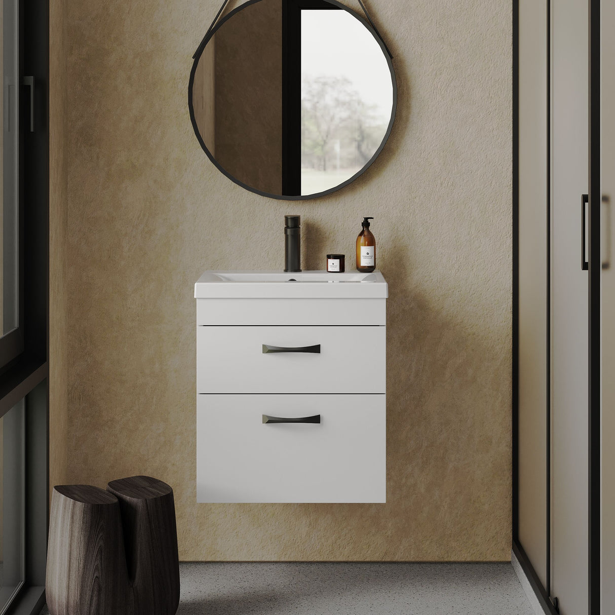 [BFRI020A17] Rio 2 Drawer Wall Hung Vanity Basin Unit - 500mm - Gloss White with Black D-shaped handles (Tap Not Included) - Balterley - Lifestyle 1