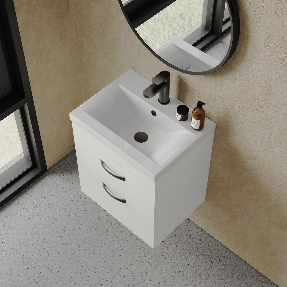 [BFRI020A17] Rio 2 Drawer Wall Hung Vanity Basin Unit - 500mm - Gloss White with Black D-shaped handles (Tap Not Included) - Balterley - Lifestyle 2