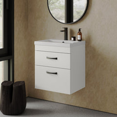 [BFRI020A17] Rio 2 Drawer Wall Hung Vanity Basin Unit - 500mm - Gloss White with Black D-shaped handles (Tap Not Included) - Balterley - Lifestyle 3