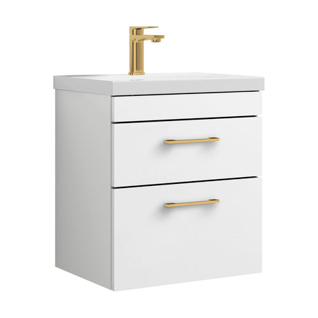 [BFRI020A68] Rio 2 Drawer Wall Hung Vanity Basin Unit - 500mm - Gloss White with Brushed Brass D-shaped handles (Tap Not Included) - Cutout