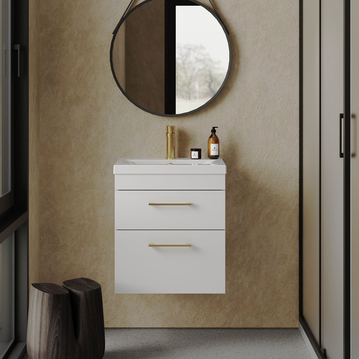 [BFRI020A68] Rio 2 Drawer Wall Hung Vanity Basin Unit - 500mm - Gloss White with Brushed Brass D-shaped handles (Tap Not Included) - Lifestyle 1