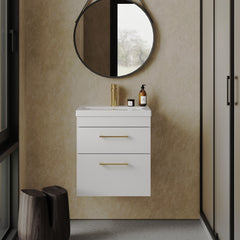 [BFRI020A68] Rio 2 Drawer Wall Hung Vanity Basin Unit - 500mm - Gloss White with Brushed Brass D-shaped handles (Tap Not Included) - Lifestyle 1