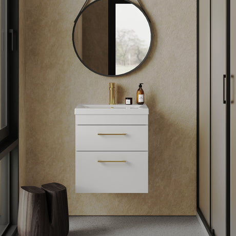 [BFRI020A68] Rio 2 Drawer Wall Hung Vanity Basin Unit - 500mm - Gloss White with Brushed Brass D-shaped handles (Tap Not Included) - Lifestyle 1