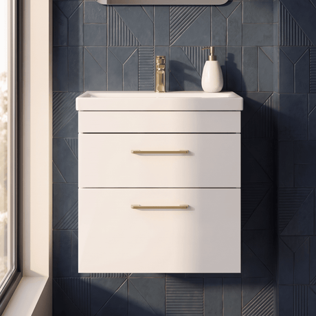 [BFRI020A68] Millwich 2 Drawer Wall Hung Vanity Basin Unit with Brushed Brass Handle, Choice of Size and Colour - Silo