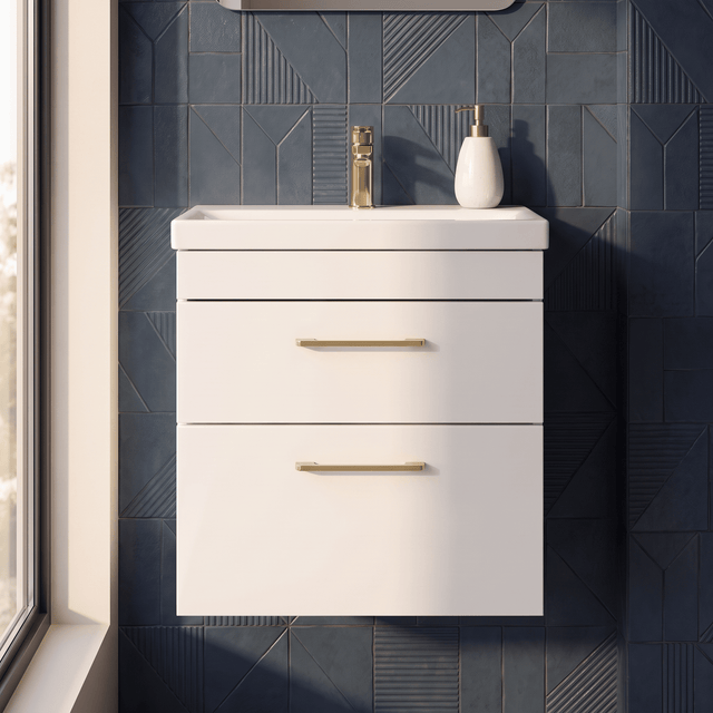 [BFRI020A68] Millwich 2 Drawer Wall Hung Vanity Basin Unit with Brushed Brass Handle, Choice of Size and Colour - Silo