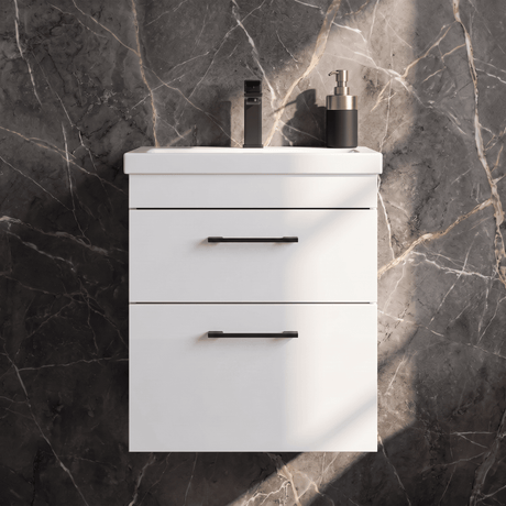 [BFRI020A69] Rio 2 Drawer Wall Hung Vanity Basin Unit - 500mm - Gloss White with Square Black D-shaped handles (Tap Not Included) - Balterley - Silo