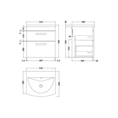 [BFRI020G] Millwich Contemporary 2 Drawer Wall Hung Vanity Unit with Curved Basin - Choice of Size and Colour - Technical Drawing