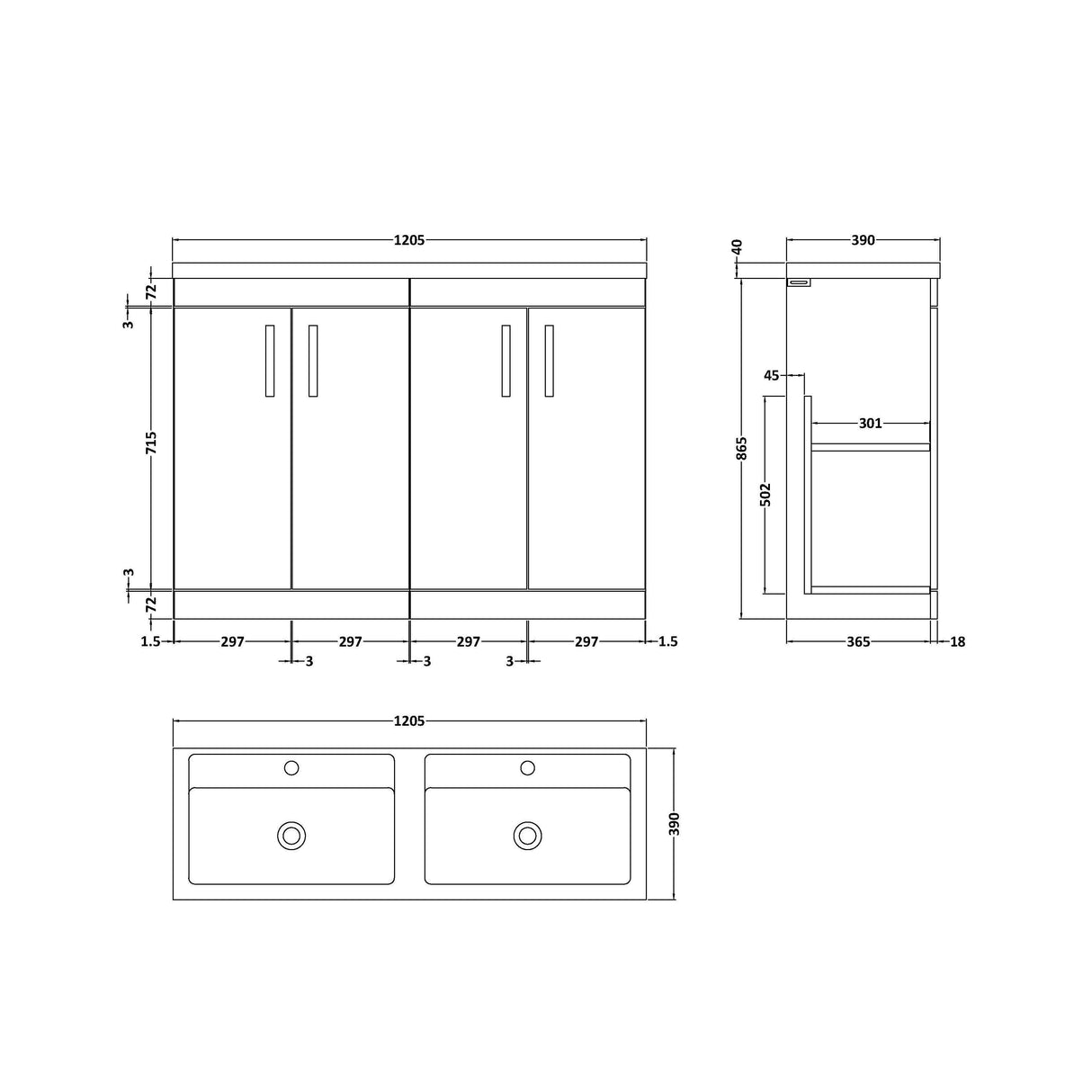 [BFRI025F] Millwich Contemporary 4 Door Floor Standing Vanity Unit with Basin - Choice of Colour - Technical Drawing