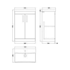 [BFRI026D] Millwich Contemporary 2 Door Floor Standing Vanity Unit with Thin Edge Basin - Choice of Size and Colour - Technical Drawing
