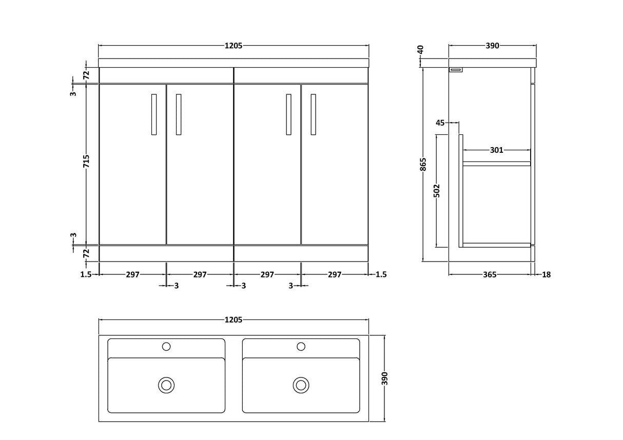 [BFRI026F] Millwich Contemporary 4 Door Floor Standing Vanity Unit with Basin - Choice of Colour - Technical Drawing