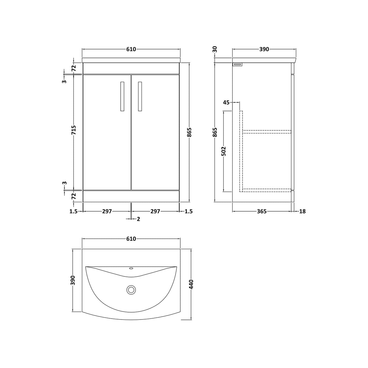 [BFRI026G] Millwich Contemporary 2 Door Floor Standing Vanity Unit with Curved Basin - Choice of Size and Colour - Technical Drawing