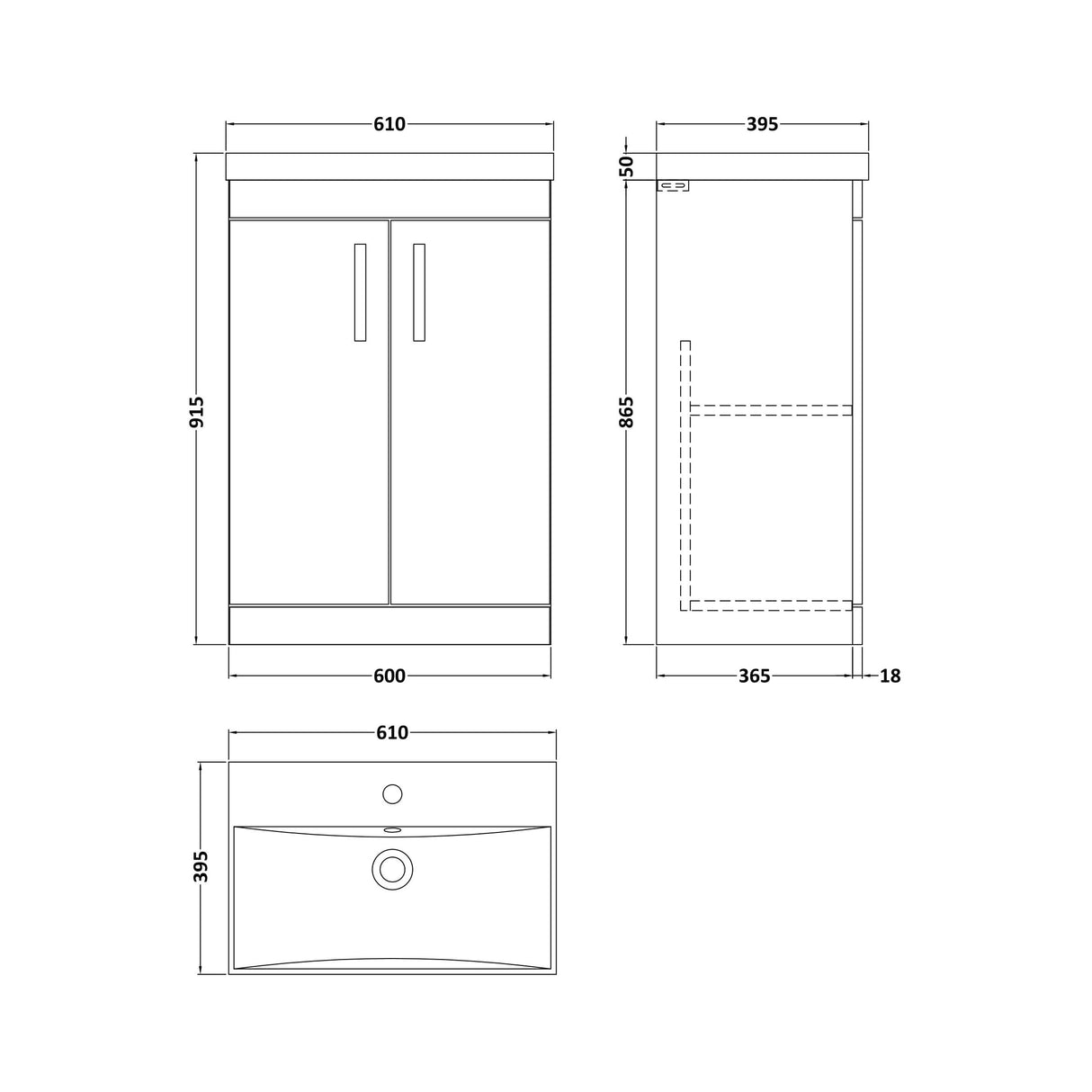 [BFRI027D] Millwich Contemporary 2 Door Floor Standing Vanity Unit with Thin Edge Basin - Choice of Size and Colour - Technical Drawing