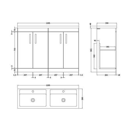 [BFRI027F] Millwich Contemporary 4 Door Floor Standing Vanity Unit with Basin, Gloss White, 1200mm - Technical Drawing