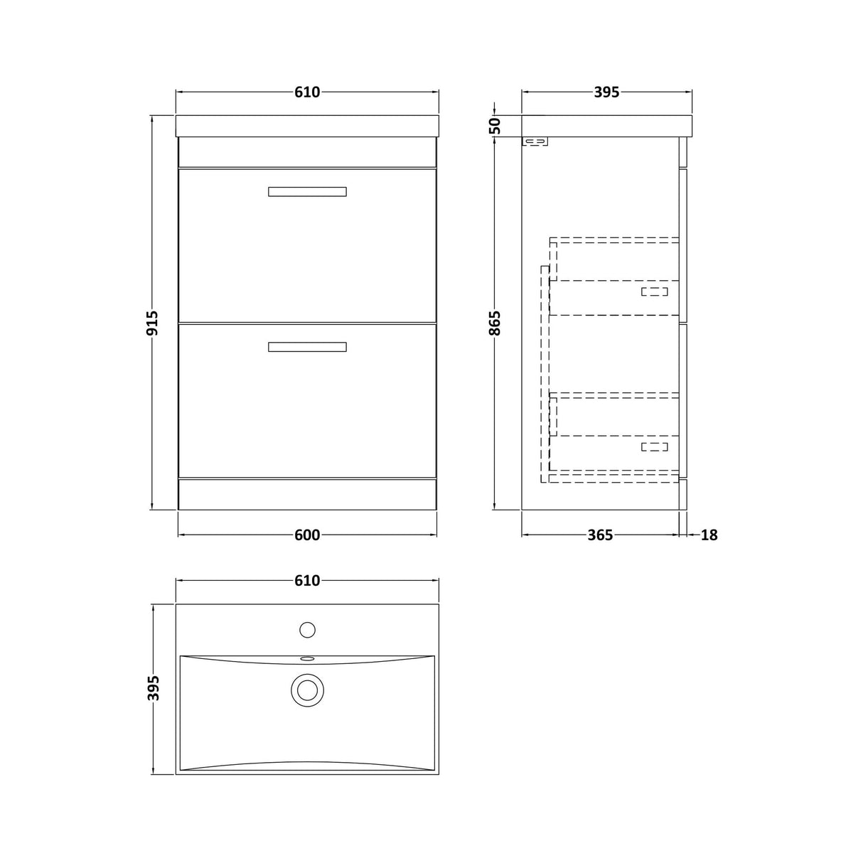 [BFRI032D] Millwich Contemporary 2 Drawer Floor Standing Vanity Unit with Thin Edge Basin - Choice of Size and Colour - Technical Drawing