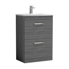 [BFRI032G] Millwich Contemporary 2 Drawer Floor Standing Vanity Unit with Curved Basin, Anthracite Woodgrain, 600mm - Cutout