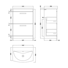 [BFRI032G] Millwich Contemporary 2 Drawer Floor Standing Vanity Unit with Curved Basin, Anthracite Woodgrain, 600mm - Technical Drawing