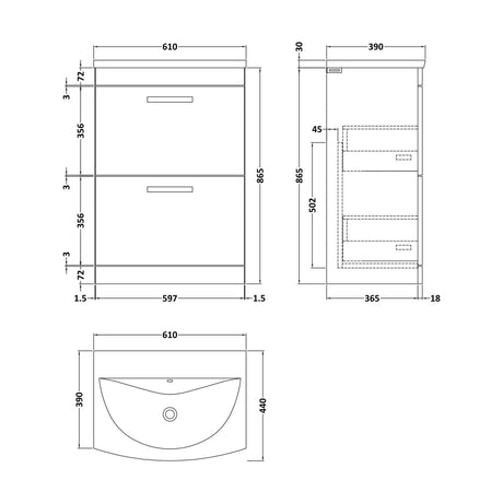 [BFRI032G] Millwich Contemporary 2 Drawer Floor Standing Vanity Unit with Curved Basin, Anthracite Woodgrain, 600mm - Technical Drawing
