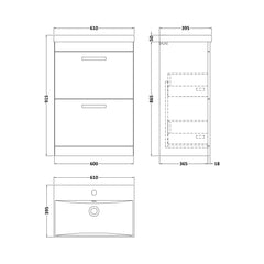 [BFRI033D] Millwich Contemporary 2 Drawer Floor Standing Vanity Unit with Thin Edge Basin - Choice of Size and Colour - Technical Drawing