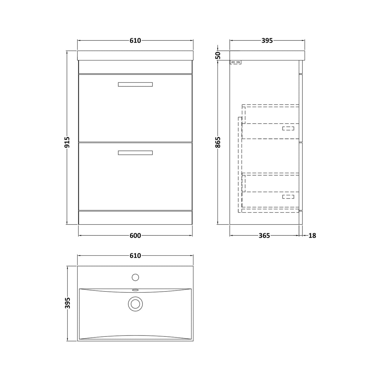 [BFRI034D] Millwich Contemporary 2 Drawer Floor Standing Vanity Unit with Thin Edge Basin - Choice of Size and Colour - Technical Drawing