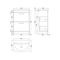 [BFRI034G] Millwich Contemporary 2 Drawer Floor Standing Vanity Unit with Curved Basin - Choice of Size and Colour - Technical Drawing