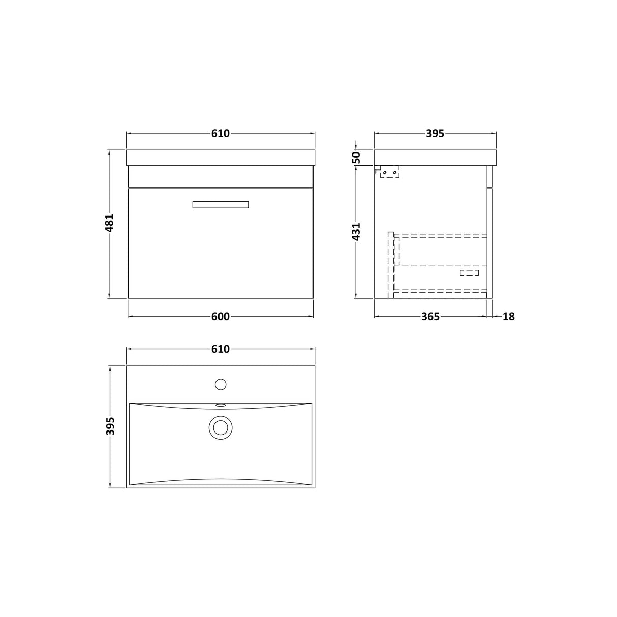 [BFRI039D] Millwich Contemporary 1 Drawer Wall Hung Vanity Unit with Thin Edge Basin - Choice of Size and Colour - Technical Drawing