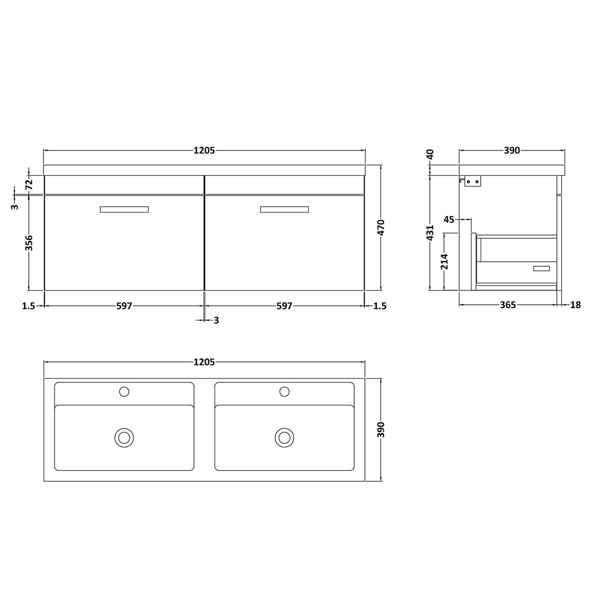 [BFRI039F] Millwich Contemporary 2 Drawer Wall Hung Vanity Unit with Basin - Choice of Colour - Technical Drawing