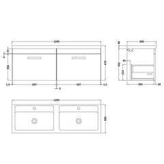[BFRI039F] Millwich Contemporary 2 Drawer Wall Hung Vanity Unit with Basin - Choice of Colour - Technical Drawing