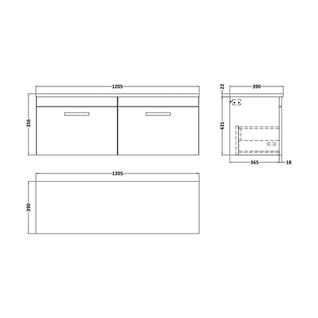 [BFRI039LBG2] Millwich Contemporary 2 Drawer Wall Hung Vanity Unit with Laminate Black Galaxy Granite Worktop, Anthracite Woodgrain, 1200mm - Technical Drawing
