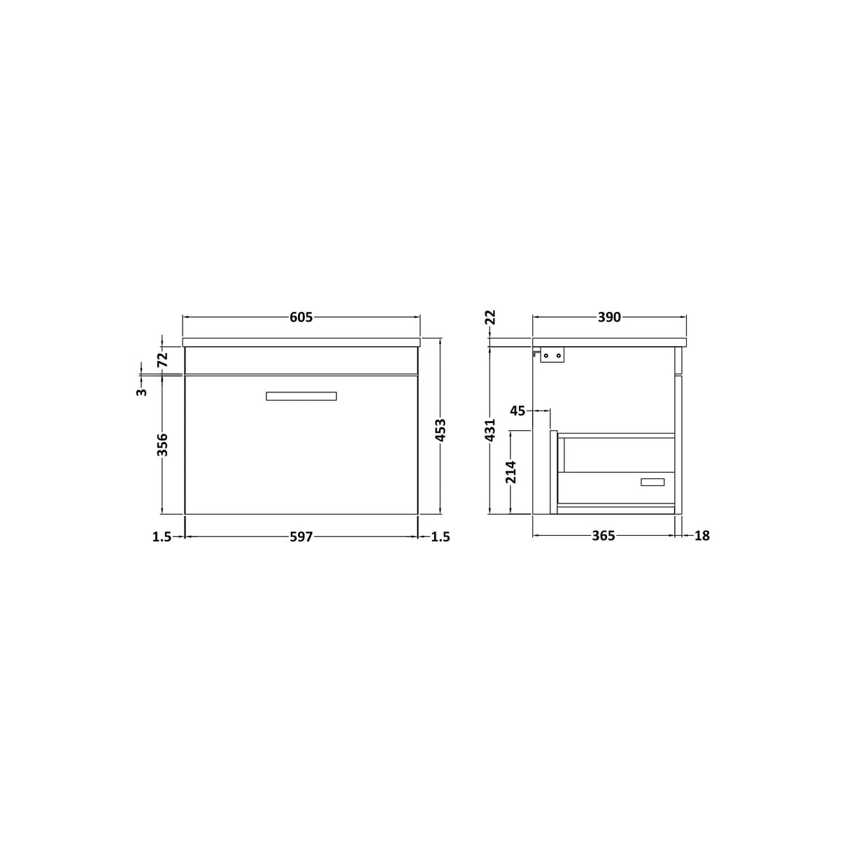 [BFRI039LBG] Millwich Contemporary 1 Drawer Wall Hung Vanity Unit with Bellato Grey Laminate Worktop - Choice of Size and Colour - Technical Drawing