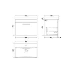 [BFRI040D] Millwich Contemporary 1 Drawer Wall Hung Vanity Unit with Thin Edge Basin - Choice of Size and Colour - Technical Drawing